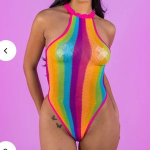 Ravewonderland rainbow fishnet body suit